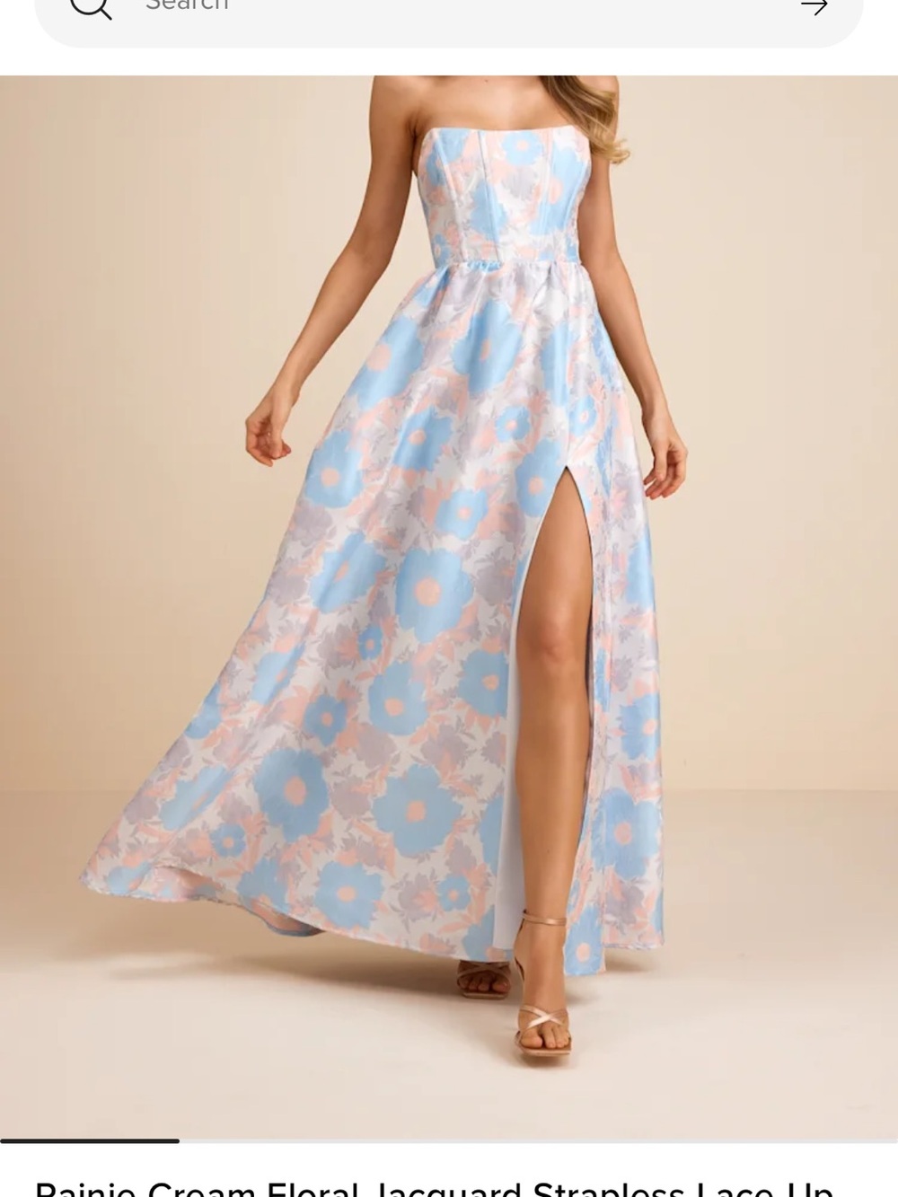 Lulu's Cream and Light Blue Strapless Floral Jacquard Maxi Dress